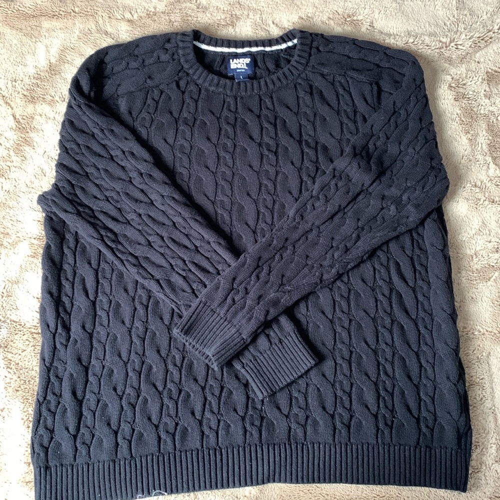 Land’s End Women’s Crew Neck Cable Knit Sweater Navy Blue 100% Cotton Size 14-16